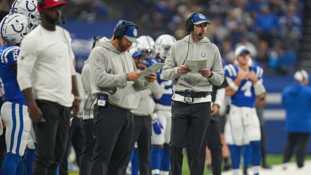 Indianapolis Colts head coach Shane Steichen watches game action against the New Orleans Saints on Sunday, Oct. 29, 2023, at Lucas Oil Stadium in Indianapolis.